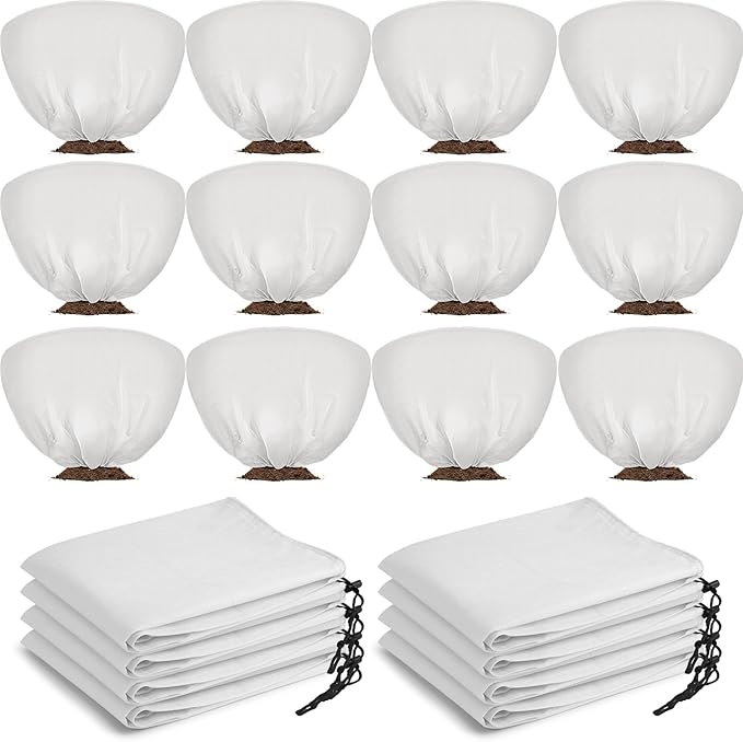 12 Pcs Winter Plant Covers Freeze Protection 39.4x23.6 Inch Horizontal Shrub Tree Rose Plant Protection Bags Frost Blanket with Drawstring for Fall Winter Outdoor Garden Planting (White)