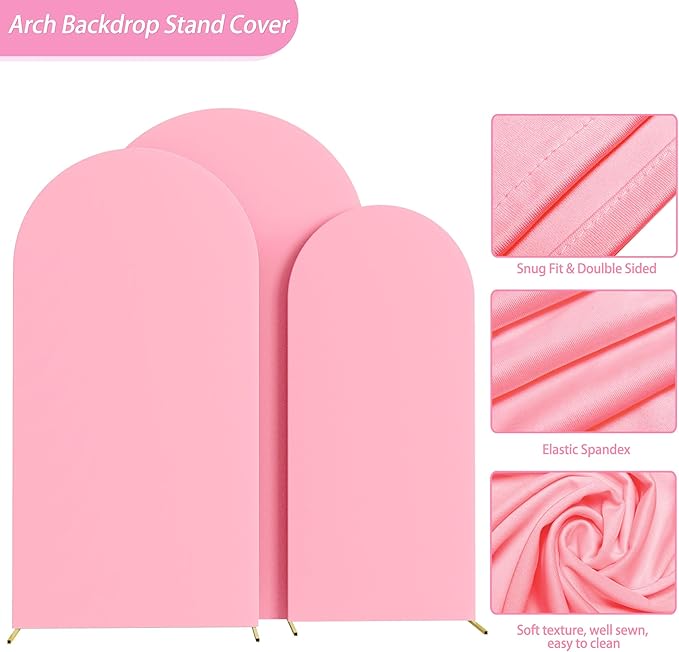 Fomcet Set of 3 Wedding Arch Covers - 6FT, 6.6FT, 7.2FT Pink 2-Sided Round Top Spandex Arch Backdrop Cover Fitted Fabric for Birthday Party, Baby Shower, Wedding Stand Decoration