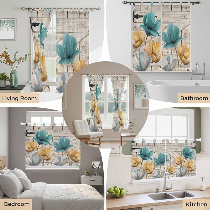 Watercolor Flowers Living Room Curtains 84 Inch Length, Window Curtains Tab Top, Vintage Tulips Floral Barn Doors Wood Grain Light Filtering Window Treatments Drapes 42"x84" 2 Panel
