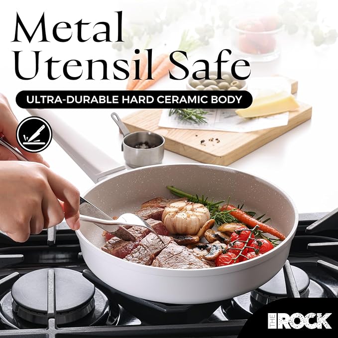 THE ROCK SOHO 9.5-Inch Non Stick Frying Pan with Lid–Nothing Sticks, Never Warps, Lasts Longer, Ceramic Non Toxic Skillet with Heat-Resistant Handle, PTFE PFOA&PFAS Free, Oven & Dishwasher Safe, Cream