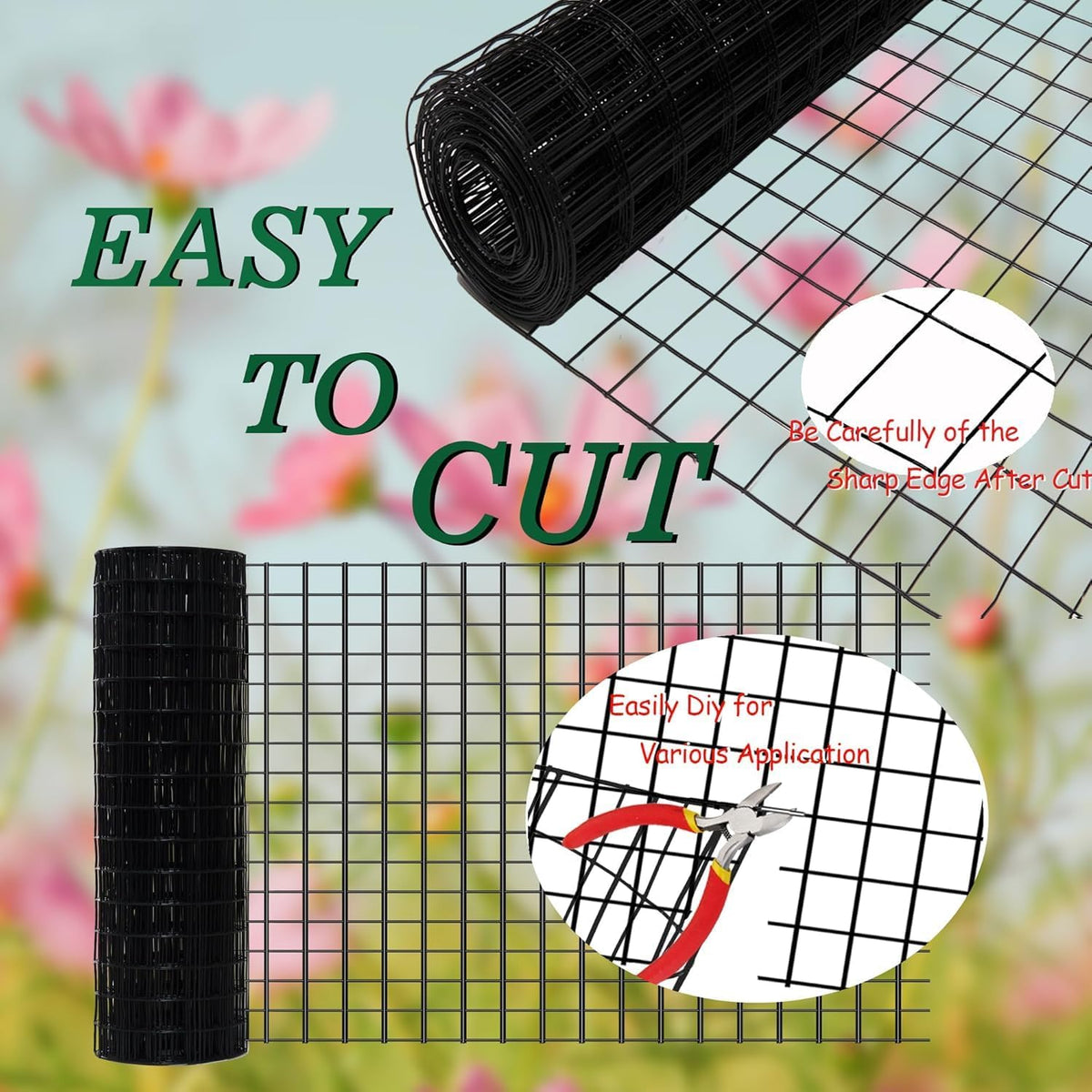 Black Metal Garden Fence, 48inch(H) x 100ft(L), 2 inch x 4 inch,12.5GA 2/3/4/5/6 Ft Tall Chicken Wire PVC Coated Welded Wire Mesh Roll for Dogs Border Yard Vegetable Plant Protection Poultry Netting