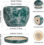 SQOWL Ceramic Pot for Plants - 6 Inch Ceramic Planter with Drainage Hole and Saucer, Round Flower Pot for Indoor Outdoor, Decorative Small Planter, Room Home Decor, Plant Lover Gifts, Green