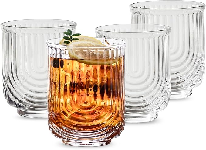 INSETLAN Vintage Glassware Arch Design Glass cups Set of 4, Fashioned Ripple Glassware Highball Glass, Classic Transparent Cocktail Glasses, for Bar Beverages Ice Coffee Juice Water (4pcs-S)