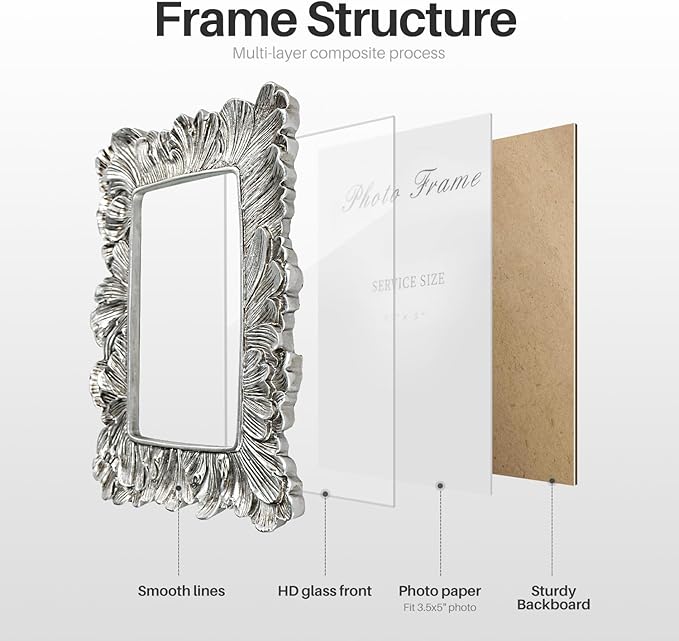 Silver 3x5 Picture Frame, Vintage Silver Palm Leaves Textured Hand-Crafted Resin with Glass Front, Small Frames Elegant Retro Rustic Design for Wall and Tabletop Display Home Decor