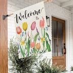 CROWNED BEAUTY Spring House Flag Floral 28x40 Inch Double Sided for Outside Tulips Welcome Burlap Large Yard Holiday Flag CF743-40