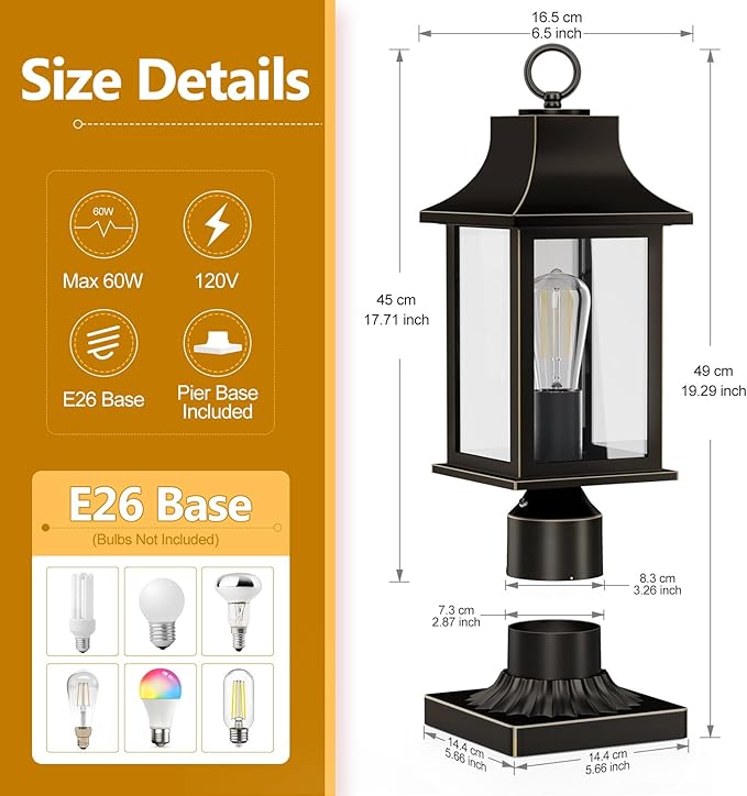 Dusk to Dawn Hardwired 120V Outdoor Post Light, 19.29" Oil Rubbed Bronze Lamp Post Fixture with Pier Mount Base, Waterproof Aluminum Pole Light for Yard, Patio, Garden, Driveway, Pathway