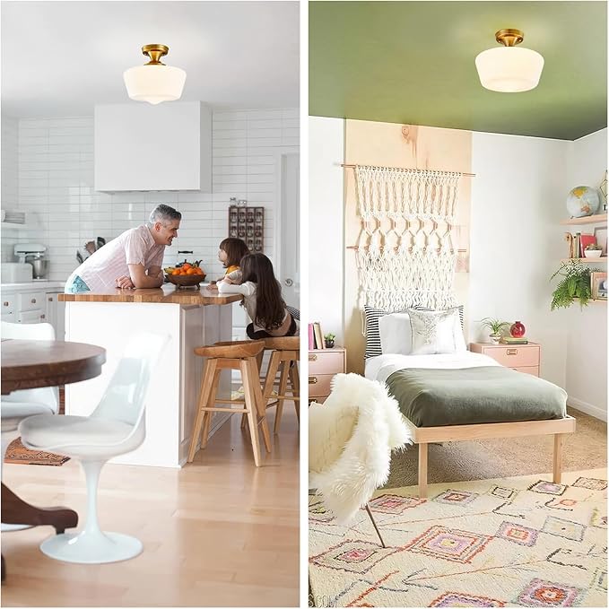 Schoolhouse Light Fixture Modern Gold Ceiling Light,Semi Flush Mount Ceiling Light,12''Wide Opal Milk Glass Shade,Brass Vintage Light for Farmhouse Bedroom Kitchen Hallway Entryway