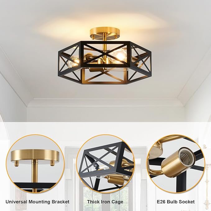Modern Flush Mount Ceiling Light, 3-Light Black Gold Hallway Light Fixtures Ceiling Mount, Industrial Close to Ceiling Light with Metal Hexagon Cage Ceiling Lamp for Kitchen, Bedroom, Bathroom