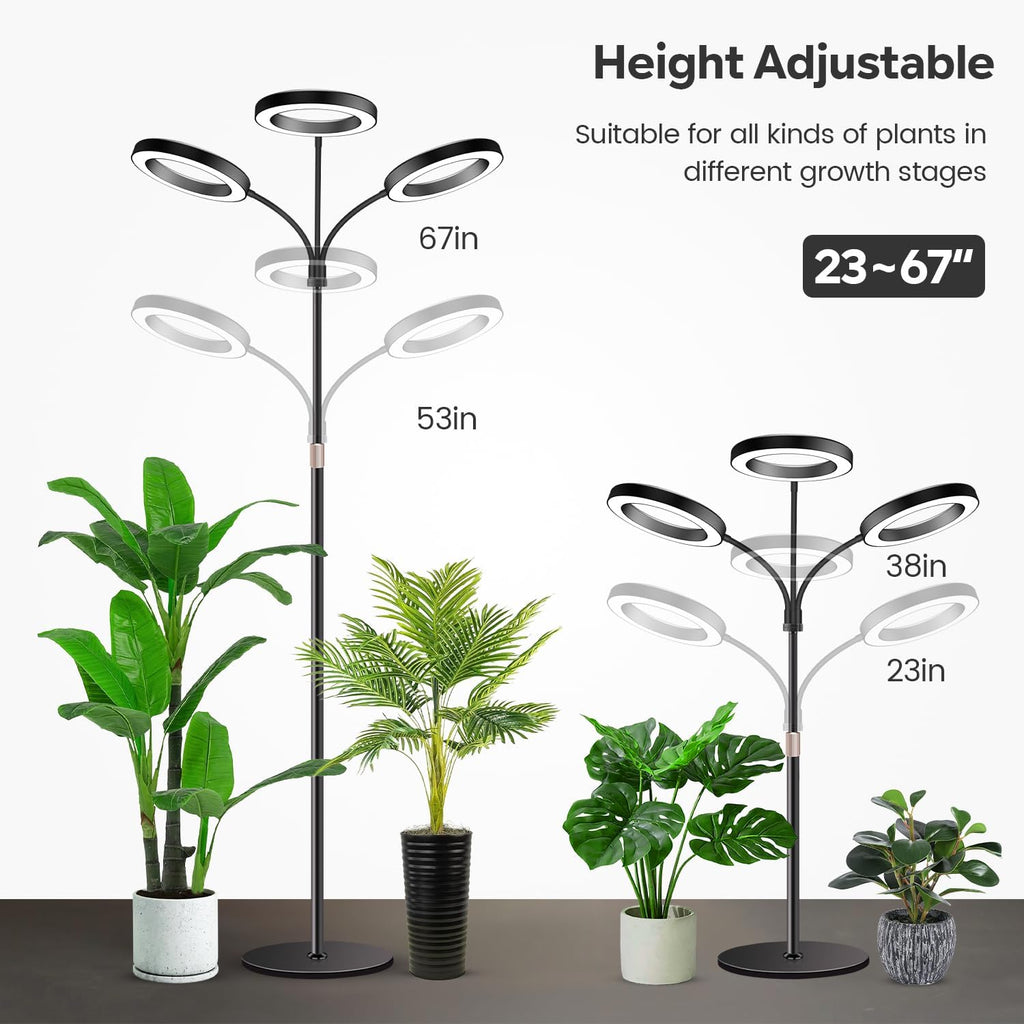 Garpsen Halo Floor Grow Light, Three-Head Full Spectrum LED Plant Light with Base, 5 Dimmable Levels & Timer 6/12/16H, 3 Color Modes Grow Lamp with 252 LEDs, 67''Height Adjustable for Large Plants