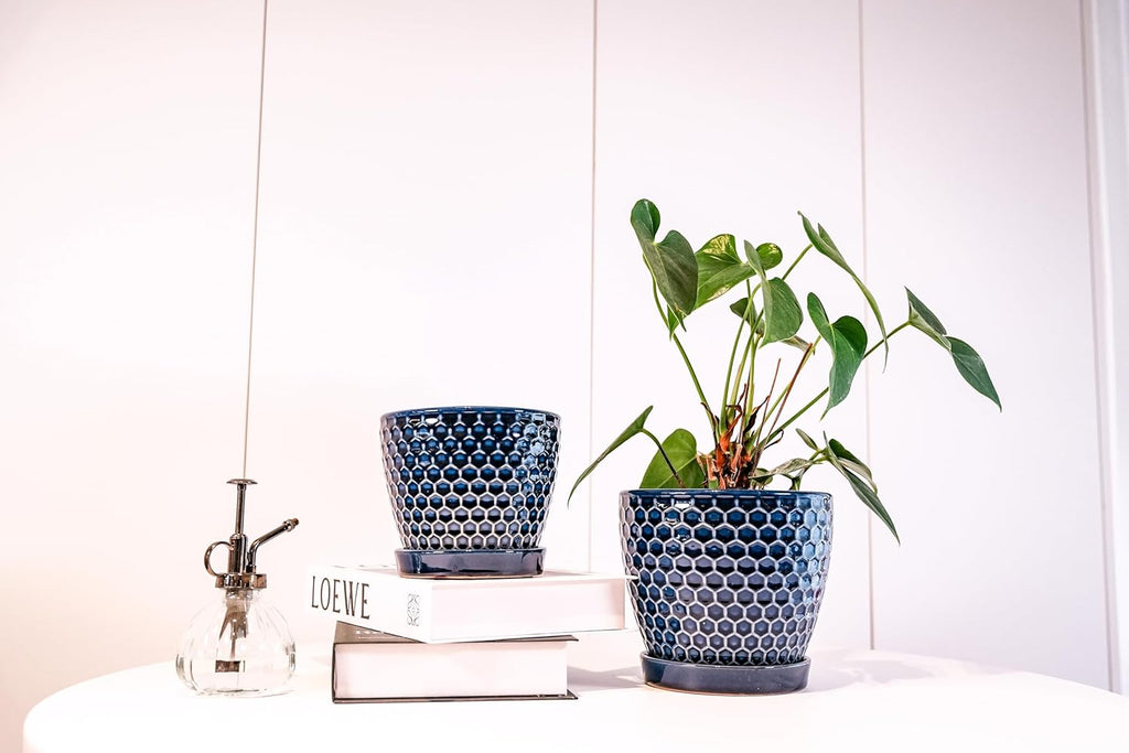 Docrin Ceramic Plant Pots Indoor, 6.6 + 5.5 Inch Planters with Drainage Holes and Saucer for Home/Office - Set of 2 /Blue Honeycomb