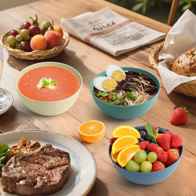 Homienly Wheat Straw Bowls Set of 6, 40 OZ Cereal Bowls for Kitchen, Unbreakable Soup Bowl with Unique Texture, Alternative to Plastic Bowl for Decoration, Microwave & Dishwasher Safe, Reusable,Multi