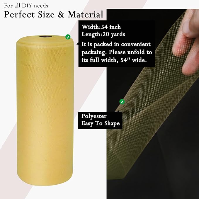 Antique Gold Tulle Fabric Rolls 54 Inch by 20 Yards Tulle Bolt Spool for Wedding Christmas Decorations DIY Tutu Baby Shower Table Skirt Ceiling Decor Birthday Party Craft Supplies