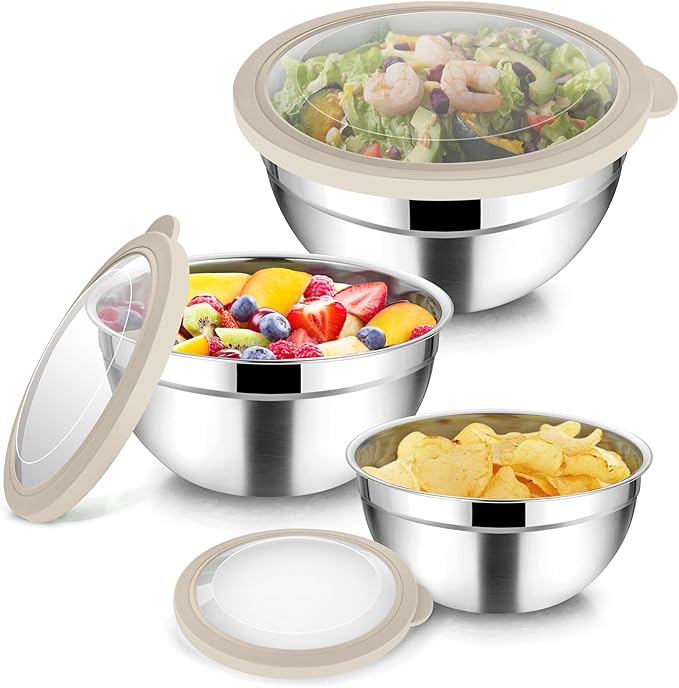 TeamFar Mixing Bowls with Lids, 4.5/3/1.5 QT Stainless Steel Nesting Salad Bowls with Airtight Lids, For Serving/Mixing/Storing/Prepping, Healthy & Sturdy, Visible & Easy Clean, Khaki, Set of 3