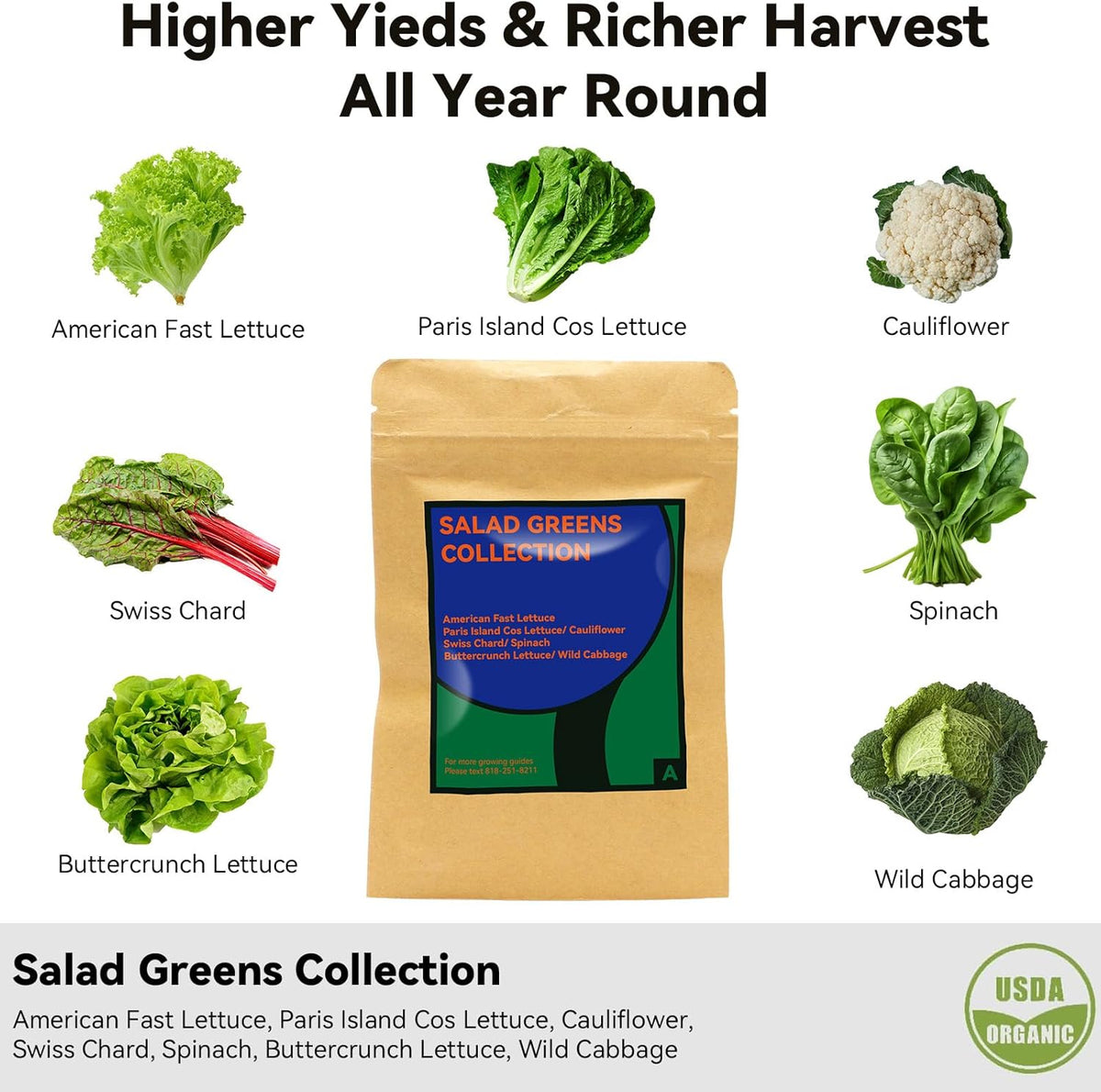 Salad Greens Seed Pod Kit for AeroGarden Hydroponics Growing System, Indoor Home Garden with American Fast/Paris Island/Buttercrunch Lettuce, Swiss Chard, Spinach, Cauliflower and Wild Cabbage, 7 Pods