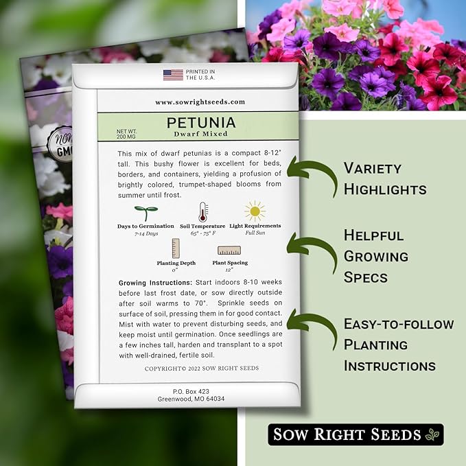 Sow Right Seeds - Dwarf Mixed Petunia Seeds to Plant - Full instructions for Planting and Growing a Flower Garden - Non-GMO Heirloom Seeds - Annual Hanging Basket Flower - Wonderful Gardening Gift (3)