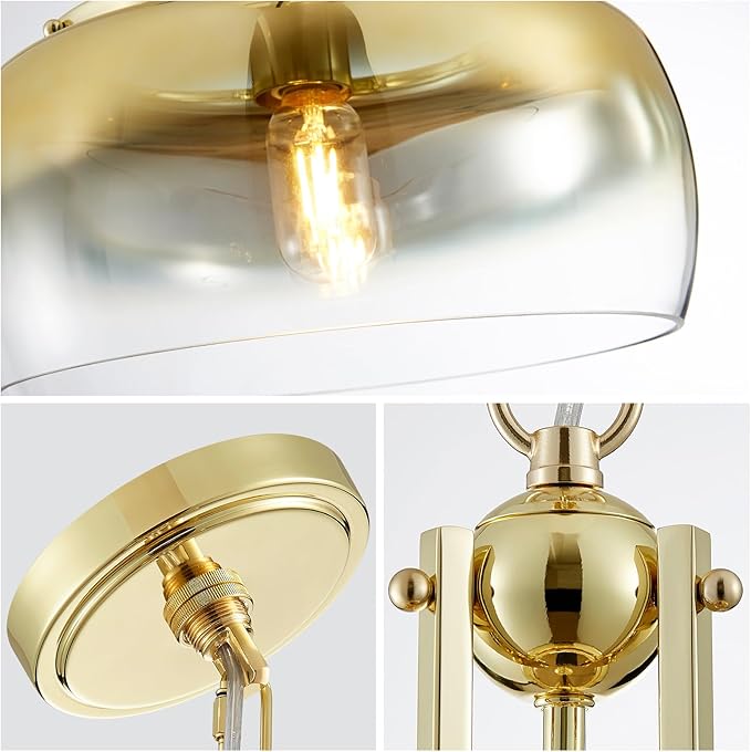 WUZUPS Gold Chandelier Rustic Farmhouse Industrial Round Ceiling Pendant LED Light Fixture with Gradient Glass Shade for Dining Room Kitchen Island Foyer Entryway, H 17" W 13.4", E26 Base