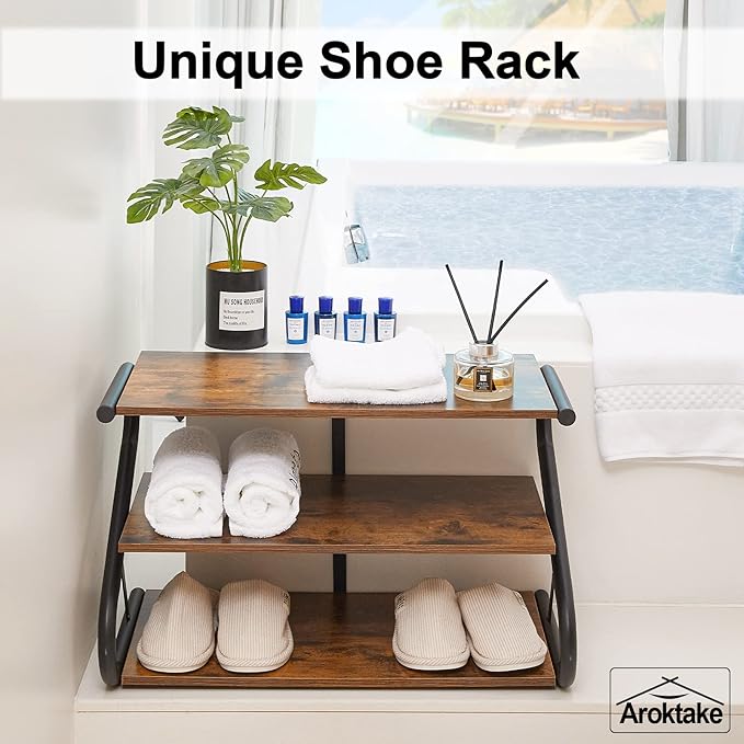 3-Tier Shoe Rack, Z-Frame Wooden Shoe Shelf with Durable Metal Shelves for Hallway, Living Room, Closet, Bedroom (Rustic)