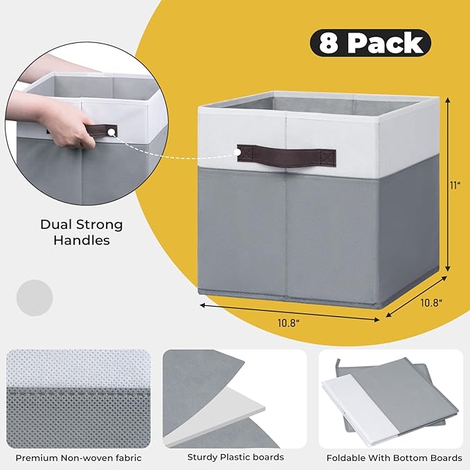 Criusia Storage Cubes 8 pack - 11 inch Fabric Bins for Organizing Clothes Toys Blanket - Versatile Storage Baskets for Shelves - Home Organization for Bedroom RV Closet