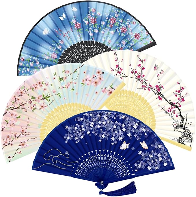 WEARXI Handheld Fan, 4 PCS Hand Fan, Chinese Folding Fan for Women Foldable, Silk Bamboo Hand Held Fan, Paper Hand Fan
