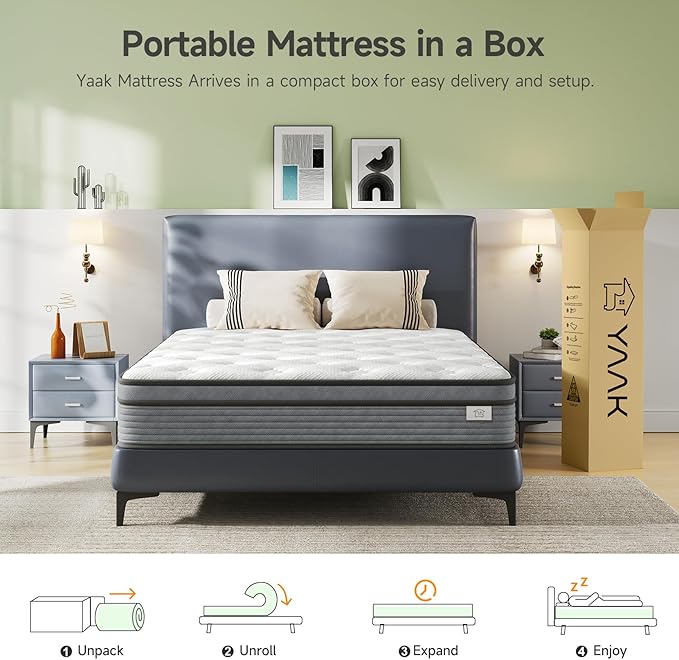 Yaak Queen Mattress 12 Inch, Hybrid Mattress in a Box Queen Size, Individual Pocket Spring Queen Bed Mattress with Breathable Memory Foam, Pressure Relief, Medium Firm Queen Size Mattress 80"x60"x12"