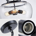 WUZUPS Chandelier Rustic Farmhouse Industrial Round Ceiling Pendant LED Light Fixture Clear Seeded Glass Shade for Dining Room Kitchen Island Foyer Entryway, H 20.9" x W 15.9", Black
