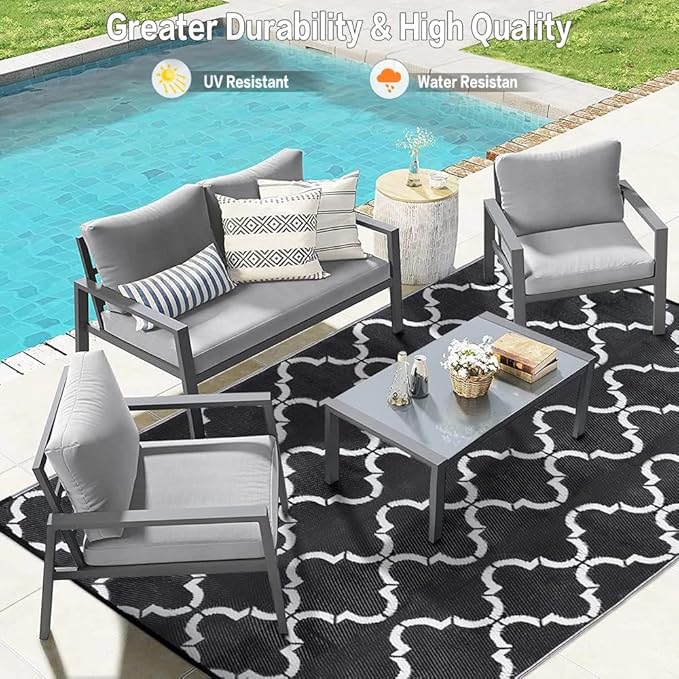 Outdoor Plastic Straw Rug, Waterproof Mat, Washable Large Floor Mat and Rug for Outdoors, RV, Beach, Patio, Camping, Backyard, Deck, Picnic, Indoor Outside (5x8ft,Lantern/Black&White)