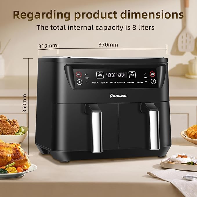 Panana Air Fryer 8.5QT, 6 in 1 Air Fryers Dual Zone 2 Busket,1800W Air Fryer for Roast, Bake, Dehydrator, Defrost, Reheat Quick Meals