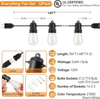 96FT Total LED Outdoor String Lights 2-Pack Dimmable Commercial Grade S14 Bulbs IP44 Weatherproof & Shatterproof for Large Patio Cafe Event