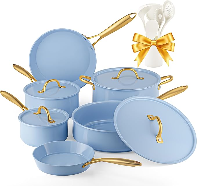 Pots and Pans Set - VONIKI Healthy Ceramic Cookware Set with Cooking Utensils Set, Non Toxic Kitchen Cookware Sets, Nonstick Cooking Pot Induction Cookware, Dishwasher Safe, Oven Safe, PFAS-Free, Blue