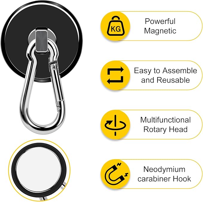 DIYMAG Black Magnetic Hooks, 110LBS Strong Heavy Duty Neodymium Magnet Hooks with Swivel Carabiner Hook, Great for Your Refrigerator and Other Magnetic Surfaces, Pack of 7