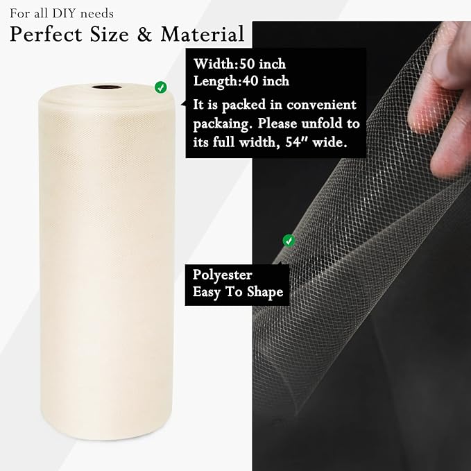 Ivory Tulle Fabric Rolls 54 Inch by 40 Yards Tulle Bolt Spool for Wedding Decorations DIY Tutu Baby Shower Table Skirt Ceiling Decor Birthday Party Craft Supplies