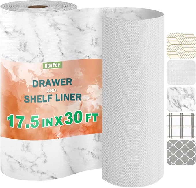 OcePor Non-Adhesive Drawer and Shelf Liner 17.5IN x 30FT，Non Slip Cabinet and Cupboard Liner, Kitchen Cabinet Liners for Shelves, Waterproof Drawer Shelf Liners for Cabinets/Bathroom Cupboard, Marble