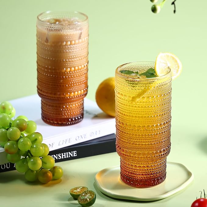 6pcs Hobnail Drinking Glasses Set, 16 oz Vintage Glassware Drinking Glasses, Gradual Amber Water Glasses Tumbler, Thanksgiving Cups for Kitchen, Juice, Beer, Cocktail, Whiskey