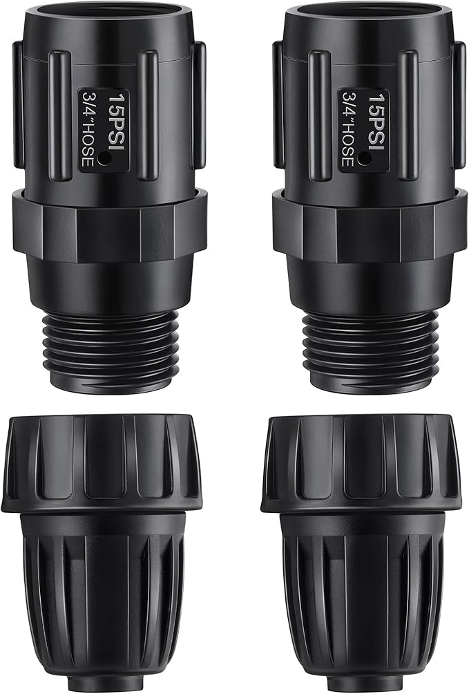 4 Pcs 15 PSI Drip Irrigation Pressure Regulator Faucet Adapter Kit, 2 Pcs 3/4" FHT x 3/4'' MHT Pressure Regulator, 2 Pcs 1/2 Inch Drip Irrigation Tubing Adapter for Drip Irrigation System