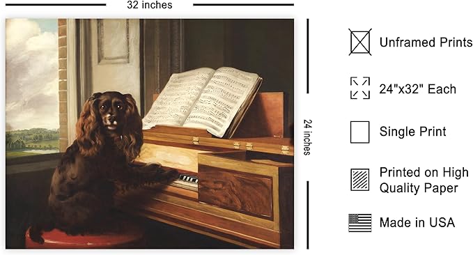 Poster Master Vintage Portrait of An Extraordinary Musical Dog - Retro Dog Print, Puppy, Music, Piano, Animal Lover - Living Room or Office Decor, 24x32 Unframed Wall Art