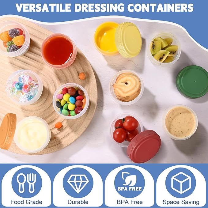 12pcs 2 oz Salad Dressing Container, Reusable Condiment Containers Sauce Cups with Leak-proof Lids, Small Plastic Food Storage Dip Containers for Lunches, Freezer, Microwave & Dishwasher Safe