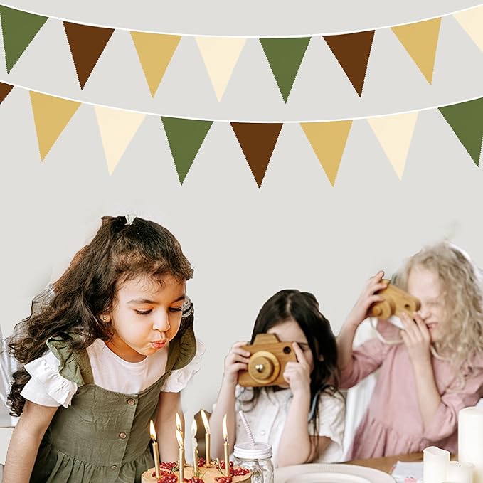32Ft Woodland Party Decorations Olive Green Tan Brown Cream Neutral Triangle Flag Fabric Banner Pennant Bunting Garland Streamers for Birthday Wedding Baby Shower Jungle Safari Camping Party Decor