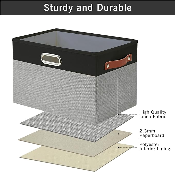 Large Collapsible Fabric Storage Bins with 3 Handles, Foldable Organizer Baskets for Closet, Shelves, Living Room | 3 Pack, Durable PU & Metal Handles (14.9"x9.8"x9.8", Black & Gray)