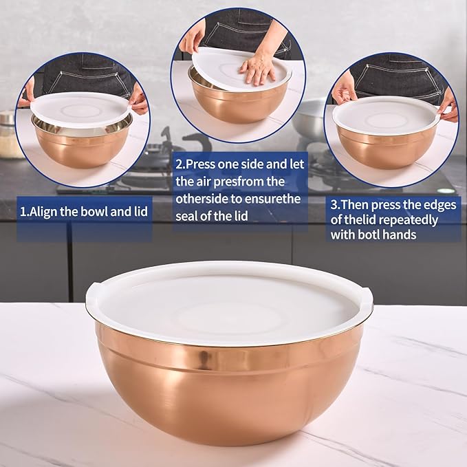 Rose Gold Mixing Bowls with Airtight Lids, Stainless Steel Nesting Mixing Bowls Set of 7, Ideal for Baking, Prepping and Serving Food, Size 7, 3.6, 2.7, 2.1, 1.5, 1.1,0.8 QT, Stackable Design