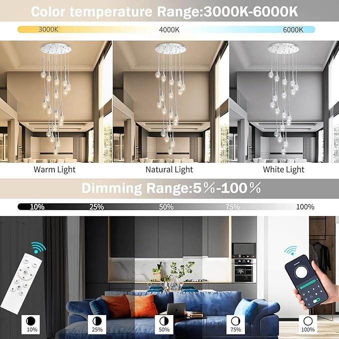 18 Light Modern Glam Crystal Chandelier for High Ceiling LED Dimmable Ceiling Pendant Light Staircase Foyer Enterway Living Room Chandelier Lighting Antique Silver