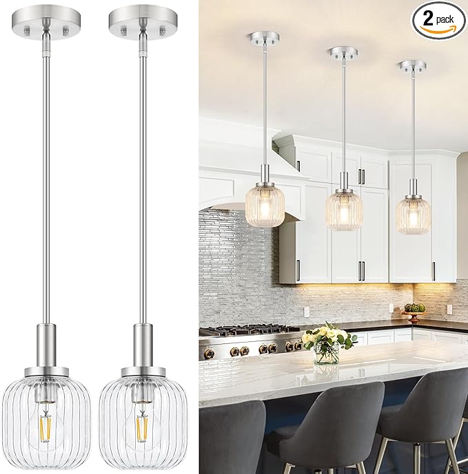 Brushed Nickel Pendant Lights Kitchen Island 2 Pack, 5.9" Modern Glass Pendant Light with Clear Glass and Rods, Mini Hanging Lighting for Kitchen Sink Bathroom Bedroom, OS-YQ7749-2PBN