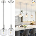 Brushed Nickel Pendant Lights Kitchen Island 2 Pack, 5.9" Modern Glass Pendant Light with Clear Glass and Rods, Mini Hanging Lighting for Kitchen Sink Bathroom Bedroom, OS-YQ7749-2PBN