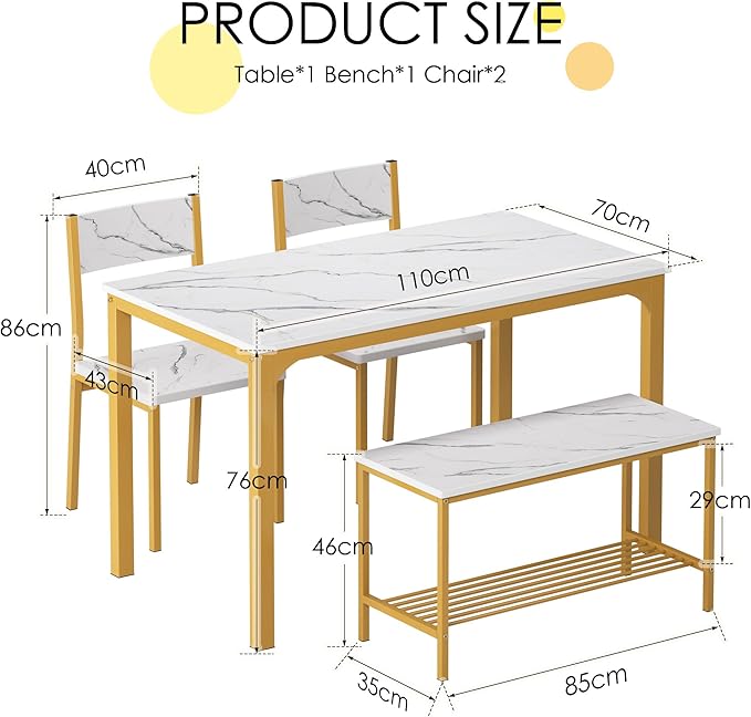 soges 4 Person Dining Table Set,43.3 inch Kitchen Table Set for 4,2 Chairs with Backrest,2-Person Bench with Storage Rack,Nesting Furniture Set for Dining Room and Restaurant, White Gold