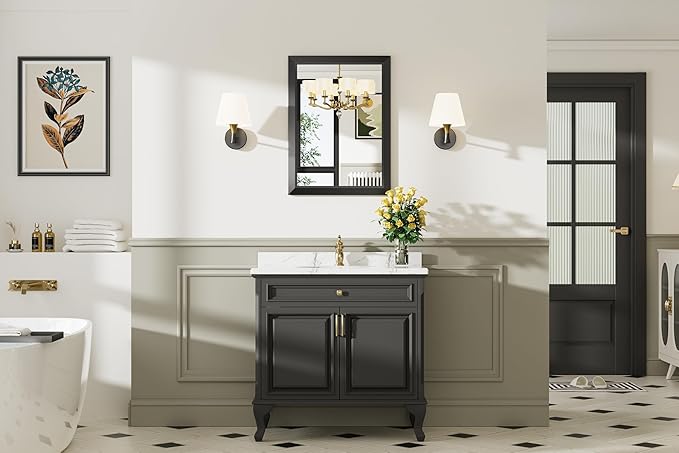 22x30 Inch Black Bathroom Mirror for Wall, Thick Metal Framed Rectangle Mirrors for Over Sink, Bedroom, Living Room, Entryway, Anti-Rust, HD Tempered Glass