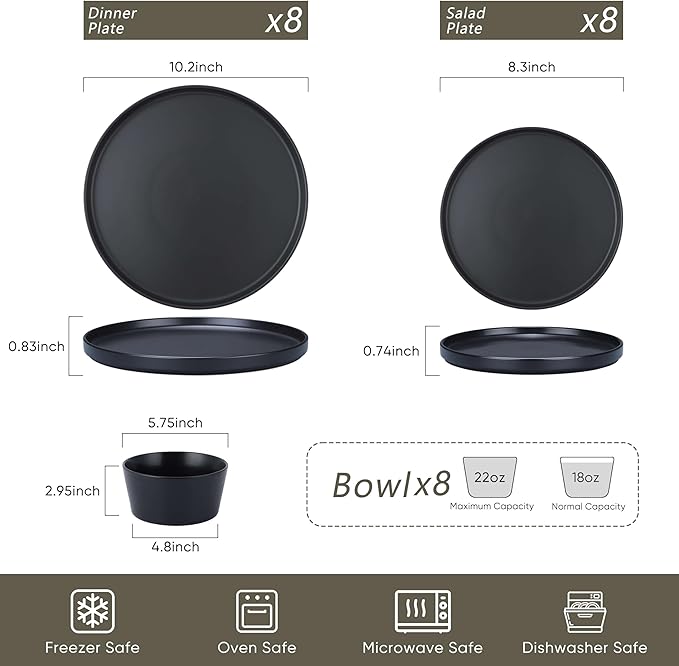 Herogo 24 Pieces Stoneware Dinnerware Set, Service for 8, Dinner Plates and Bowls Sets, Double Reactive Glaze Dishes Set for Kitchen, Scratch Resistant, Dishwasher Safe, Matte Black