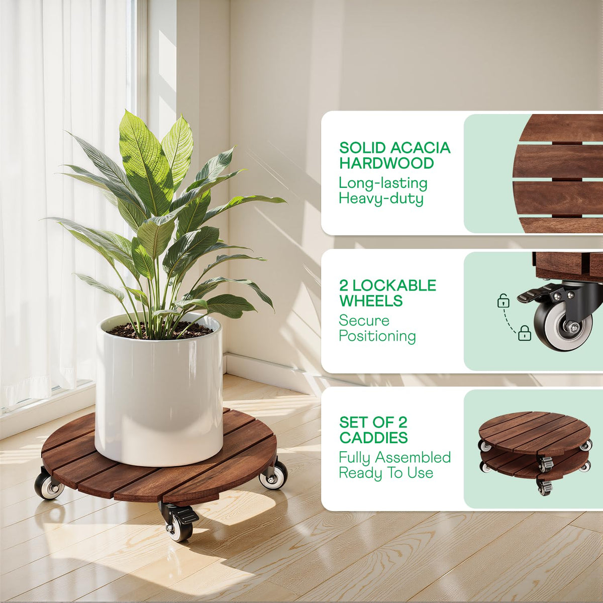 IDZO 2pack Wood Plant Caddy With Wheels Heavy Duty Red Brown, 264 Lbs Capacity, 12 Inch Acacia Hardwood Plant Roller, Plant Stand with 360° Lockable Wheels, Plant Caster for Heavy Objects Hauling