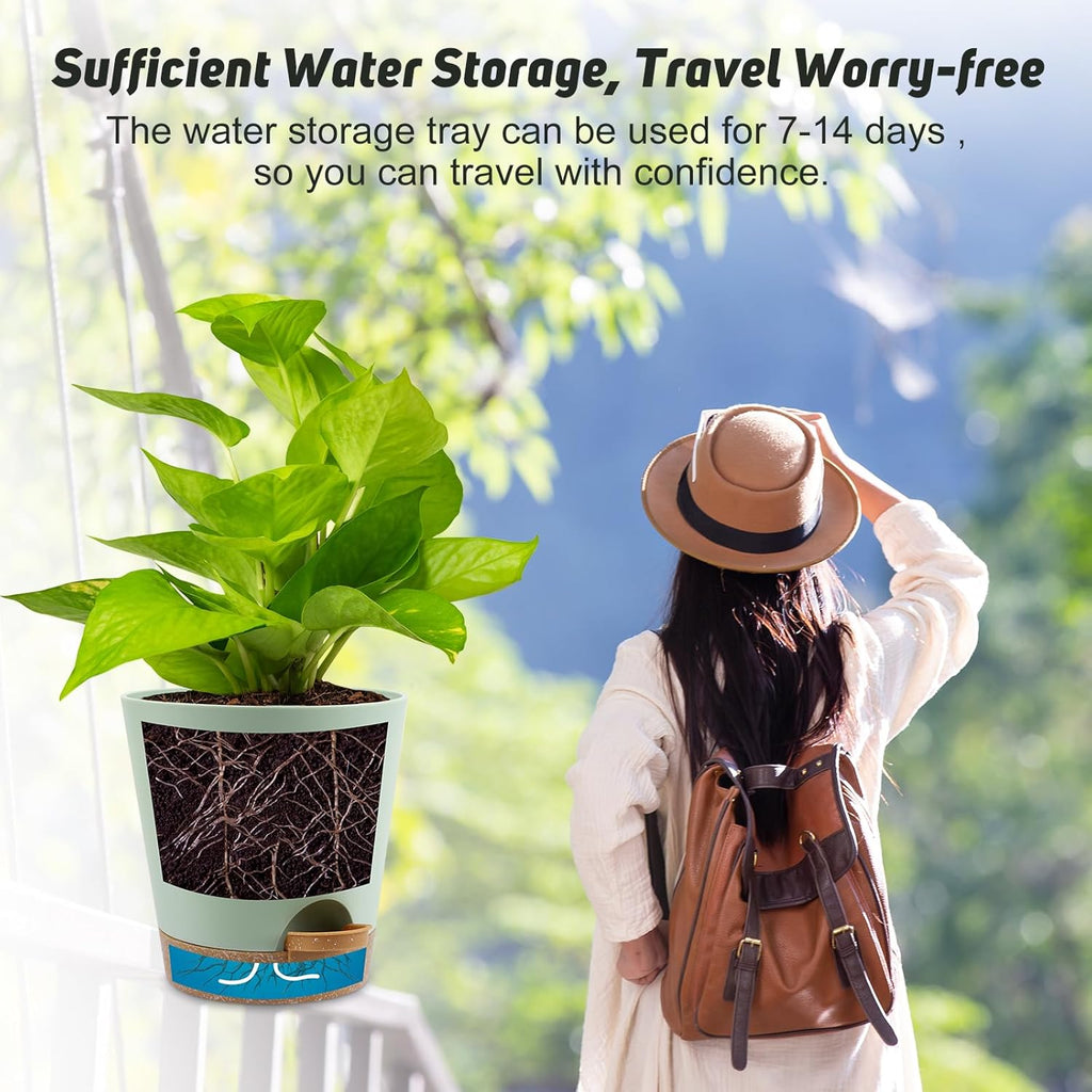 8-Inch Plant Pots, Self-Watering Planters with Drainage Holes & Saucers for Indoor and Outdoor Plants (2-Pack, Green)
