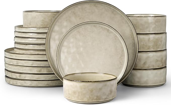 LIANYU 18 Piece Dinnerware Dish Set for 6, Stoneware Plates and Bowls, Ceramic Dinner Tableware Sets Includes Dinner Salad Plates, Cereal Bowls, Chip & Scratch Resistant, Sandy Beige