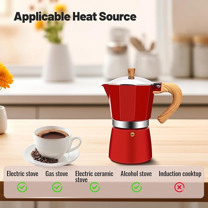 6 Cup Aluminum Moka Pot Classic Stovetop Espresso Coffee Maker 300ml 10oz Coffeemaker Percolator Mocha Pot Greca Coffee Maker Cafe Makers for Italian and Cuban Café Brewing Red