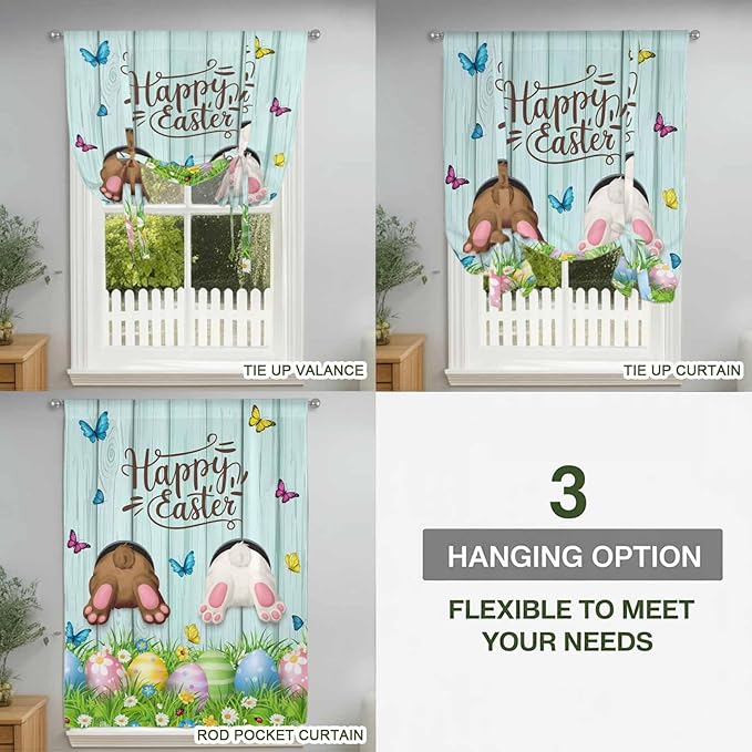 Tie Up Curtains,Happy Easter Bunny Butt Egg Floral Adjustable Rod Pocket Window Shade Curtain Drape Spring Plant on Aqua Wood Tie-Up Valance for Kitchen Bedroom Living Room Windows,42"x63"